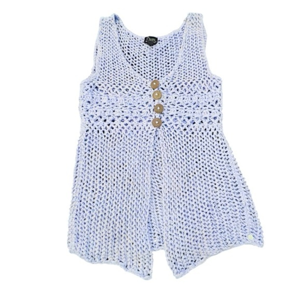 BLUE Boho Knit Crochet Vest Button‎ Up Hand Knit Festival Size XS PURE Designer